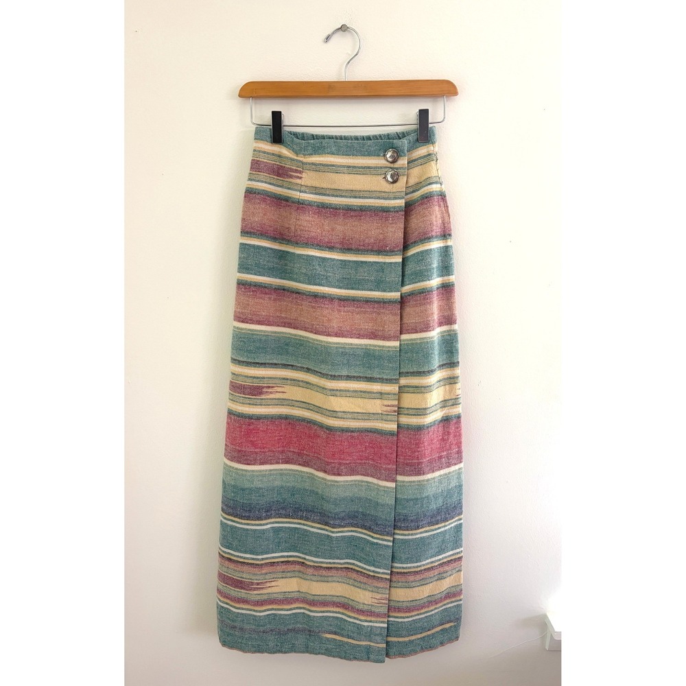 Vintage 90s Southwestern Cotton Maxi Skirt XS Striped Concho Button Wrap